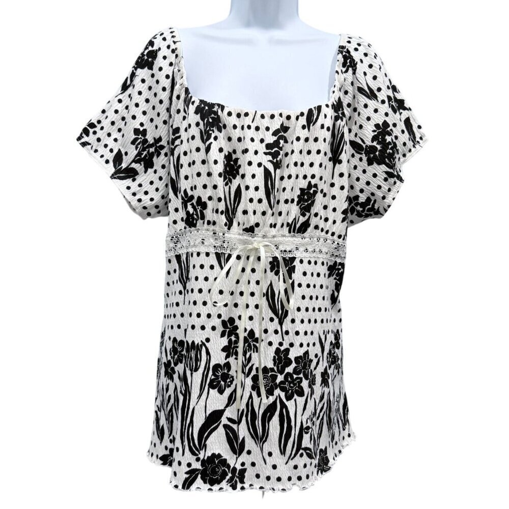 Dressbarn Polka Dot Floral Gauze Tunic Top Peasant Boho B & W Womens 18/20